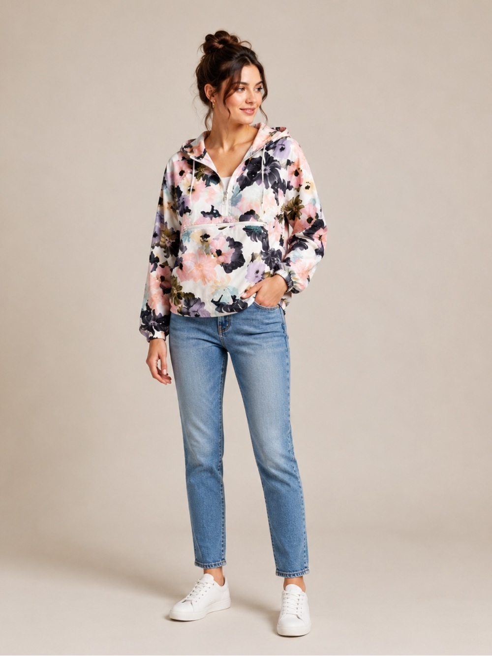 Thread & Supply Floral Pastel Watercolor Half-Zip Hooded Windbreaker Sz Medium